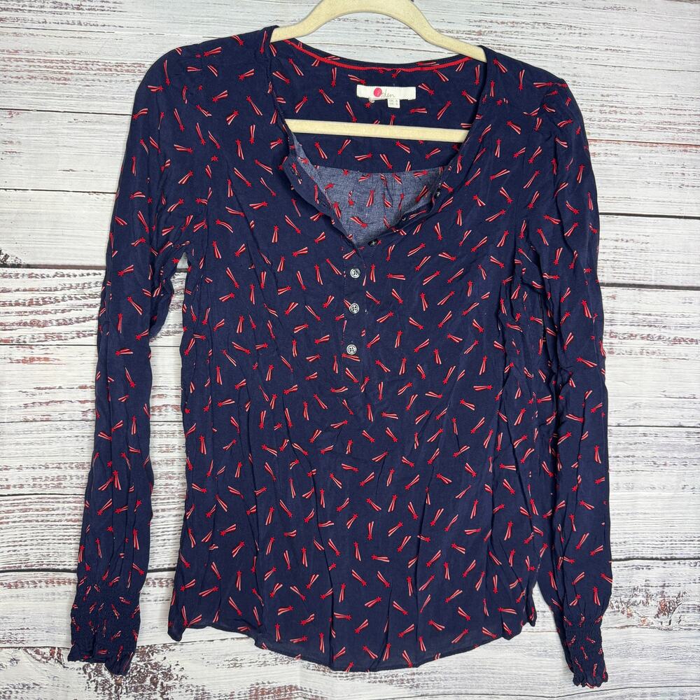 Boden Navy Red Shooting Star Print Popover Blouse Long Sleeve 2 - Picture 2 of 4